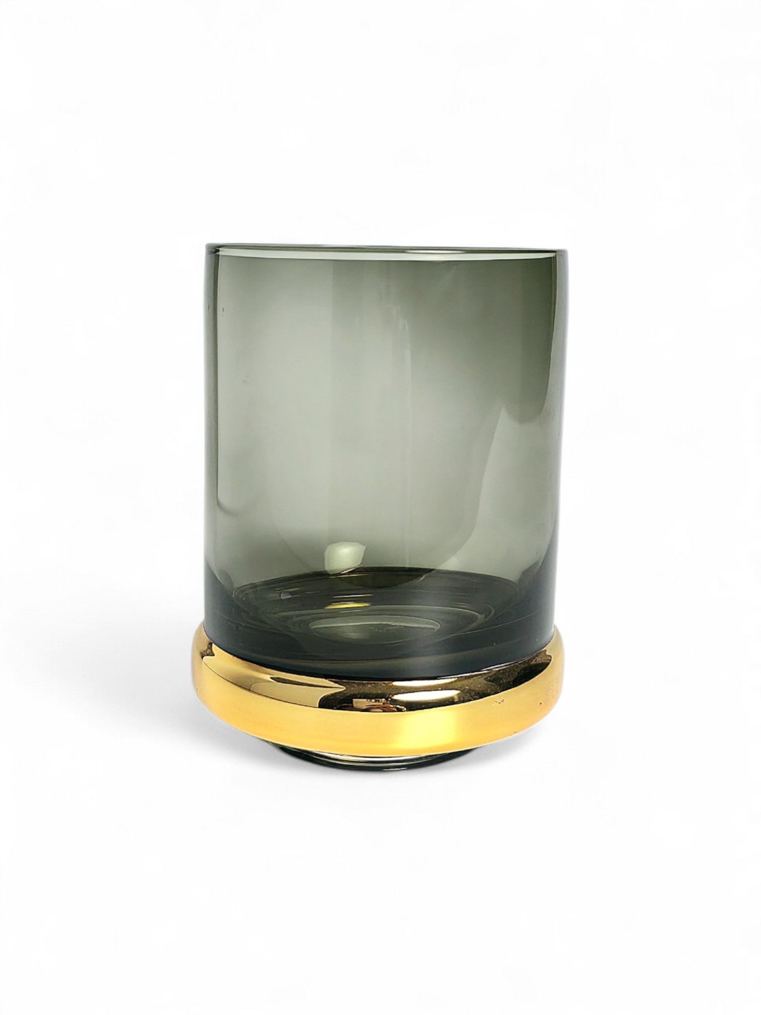 Smoky Grey Glass Candle Holder with Gold Base