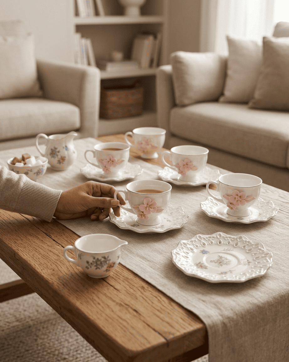 Floral Tea Cup and Saucer Set with Serving Plate