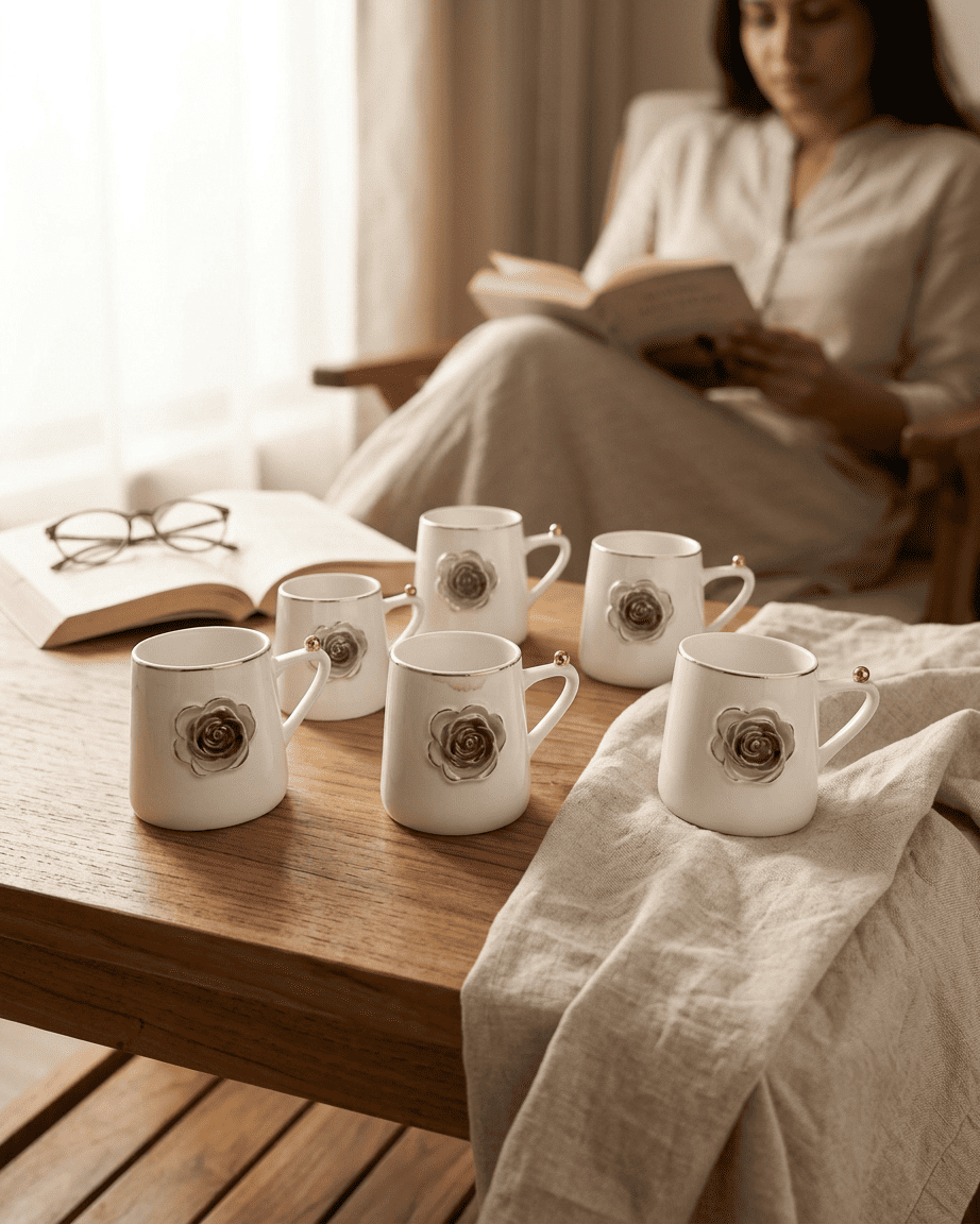 White Ceramic Mugs with Silver Rose Design Set of 6