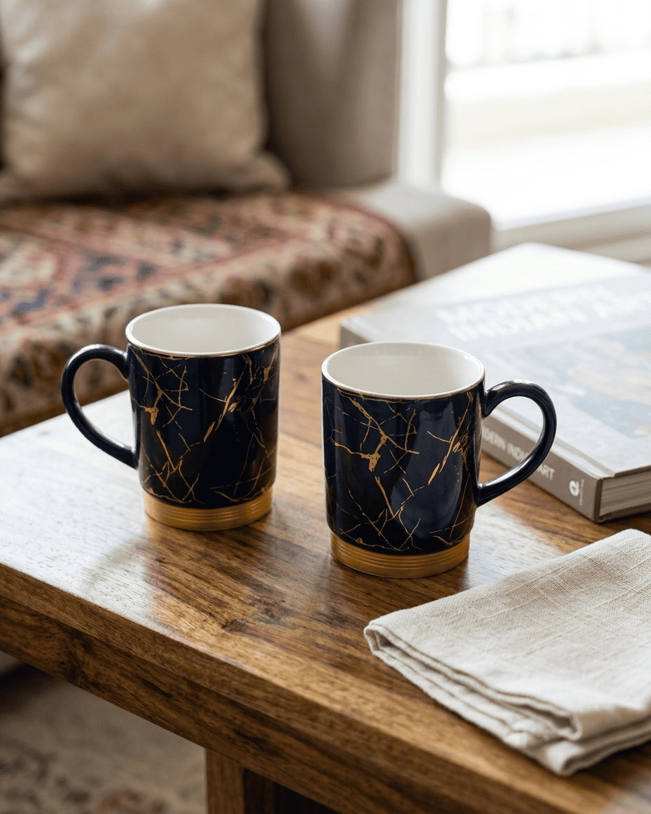 Navy Blue and Gold Marble Ceramic Mug Set