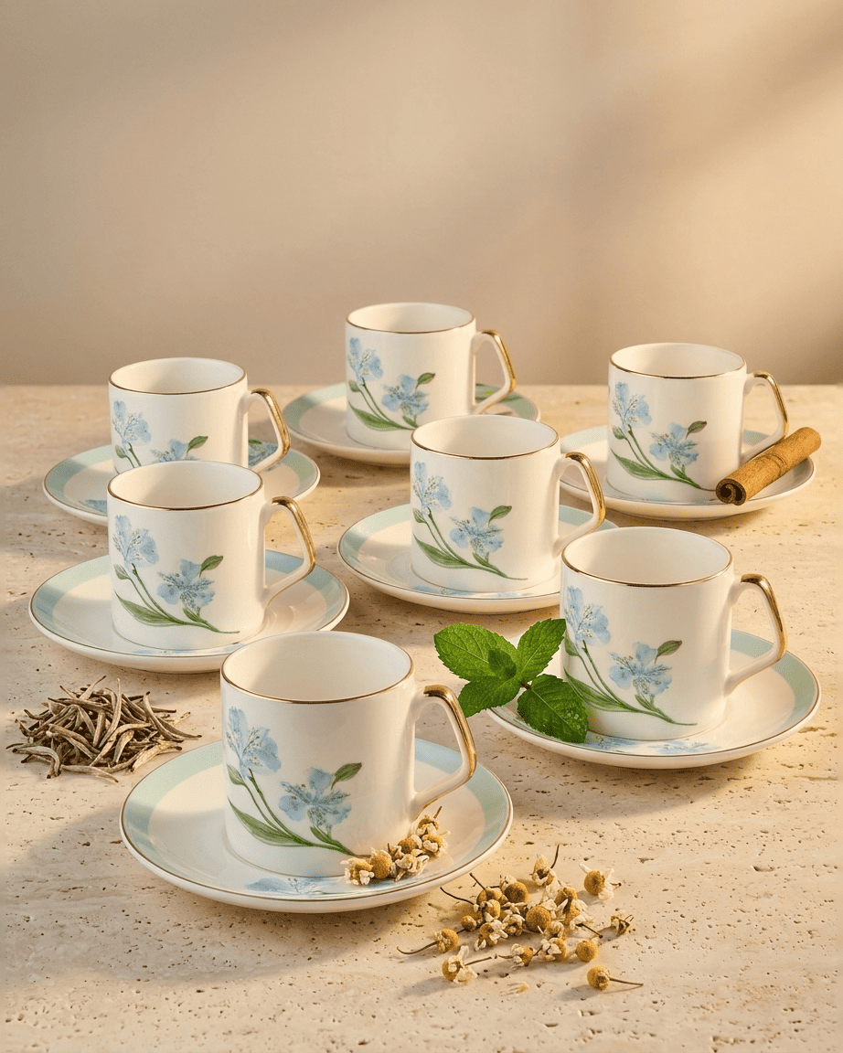 Blue Floral Porcelain Tea Cup and Saucer Set