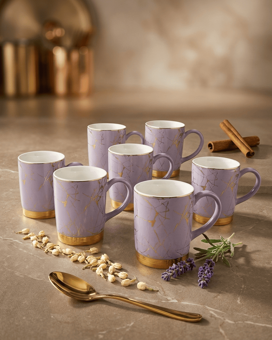 Marble Textured Ceramic Mug Set With Gold Trim