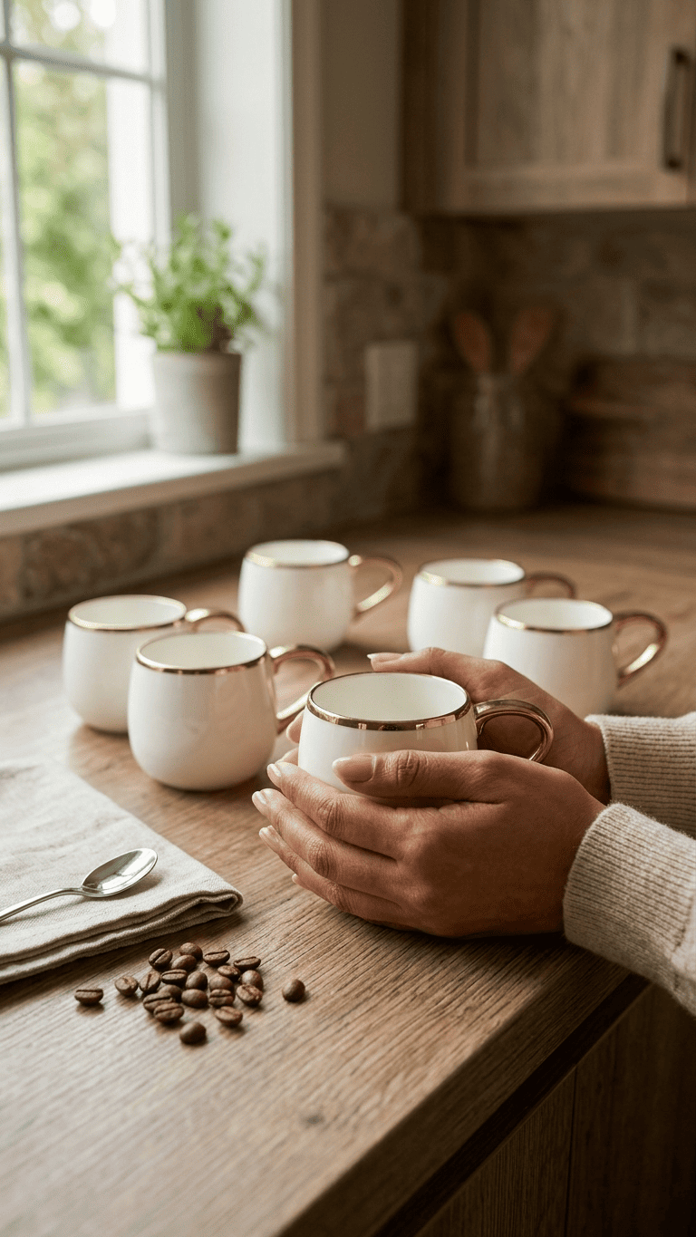 Gold Rimmed White Ceramic Coffee Mug Set