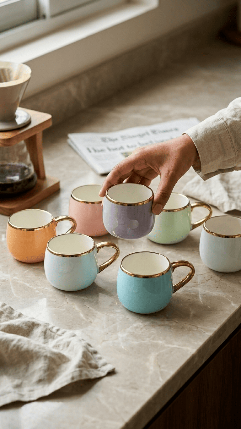 Pastel Ceramic Mug Set with Gold Rim