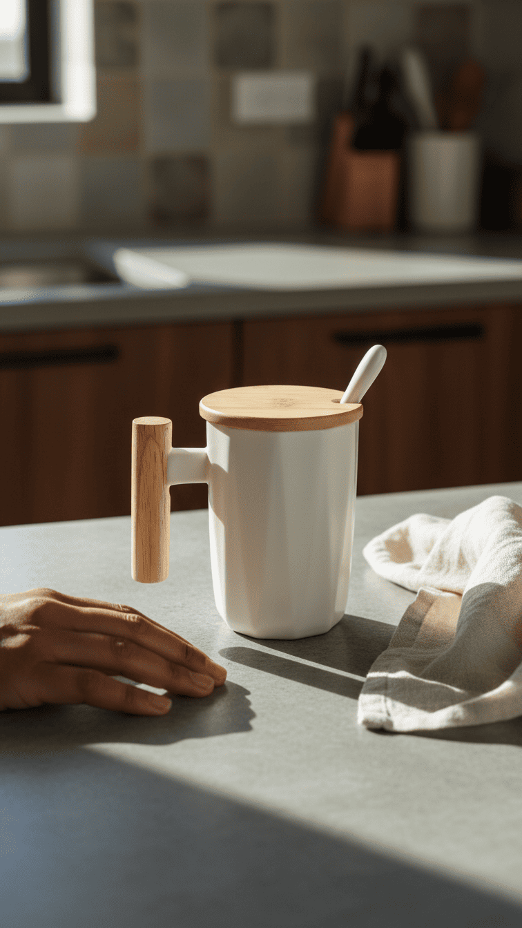 Ceramic Mug with Wooden Lid and Spoon