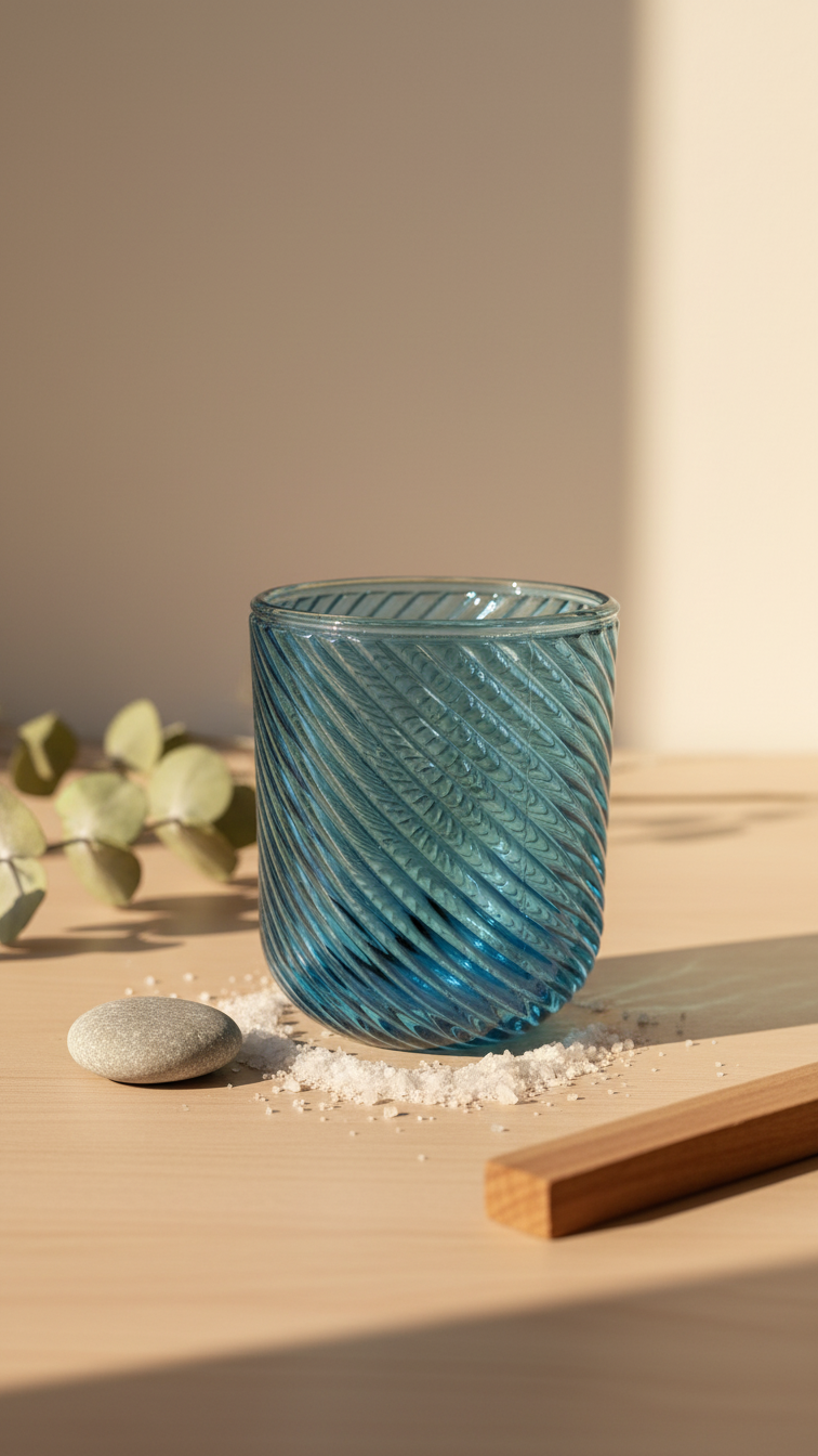 Blue Spiral Textured Glass Candle Holder