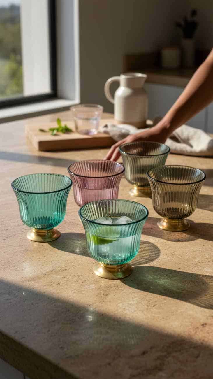 Ribbed Glass Goblets with Gold Base Set