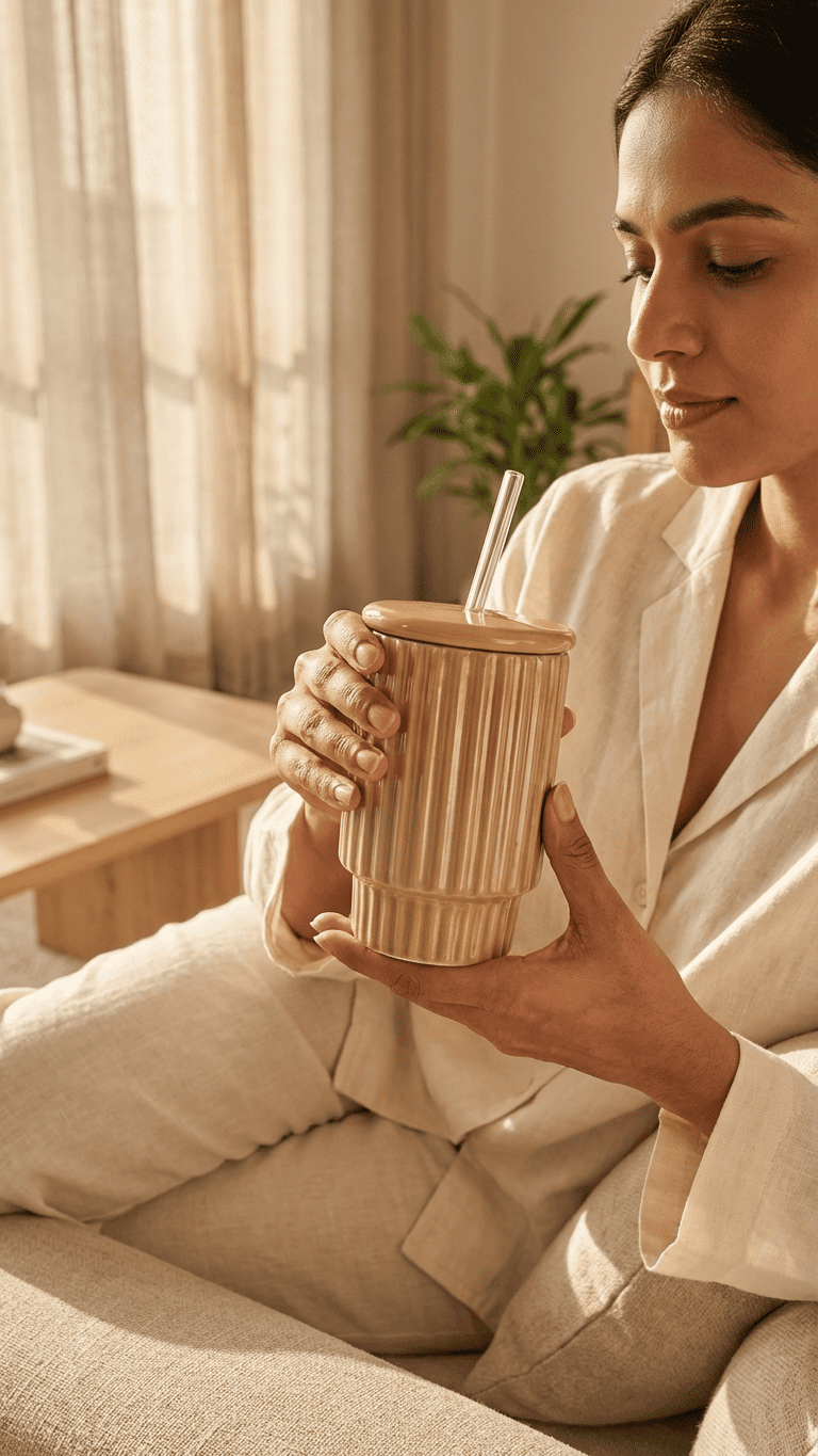 Ribbed Ceramic Tumbler with Lid and Straw