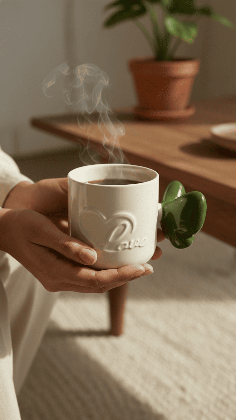 Love Heart Ceramic Mug With Green Handle