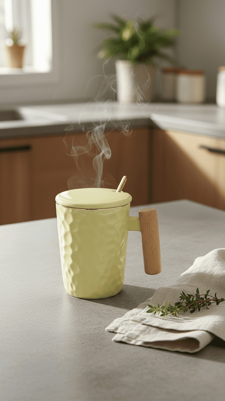 Ceramic Mustard Pot with Wooden Handle and Lid