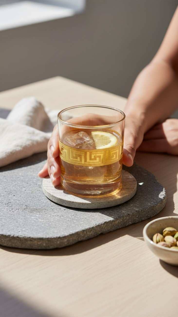 Gold Rimmed Whiskey Glass with Greek Key Pattern