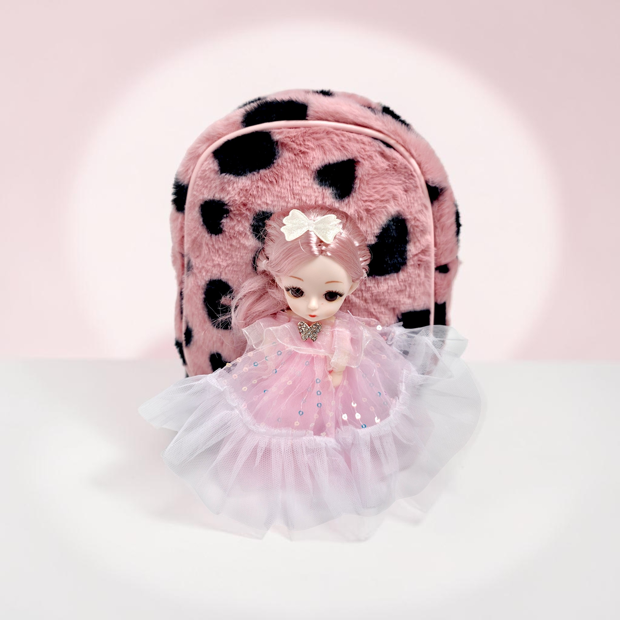 Pink Leopard Print Doll Backpack with Porcelain Doll